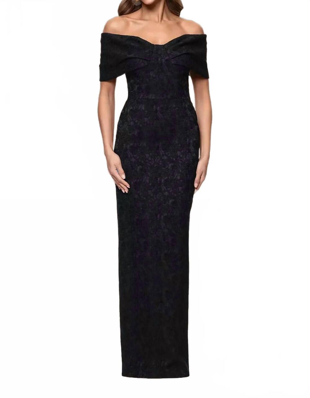NEW BETSY & ADAM brocade jacquard off-the-shoulder long dress in black